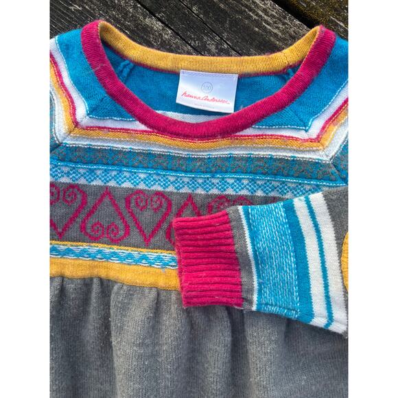 Hanna Andersson Cozy Up Sweater Dress 100cm Gray Stripe Heart Patch Wool Blend - Picture 3 of 8